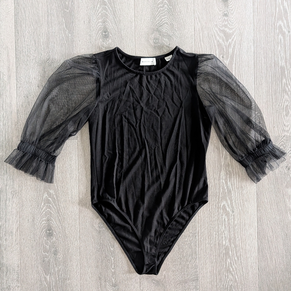 Marcella NYC Bellerose Mixed Media Mesh Sleeve Bodysuit - Size L